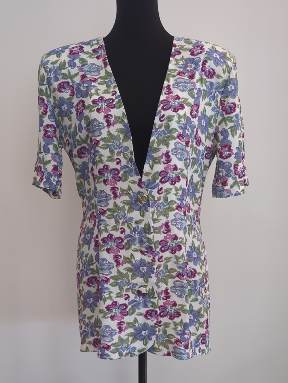 Vintage Floral V-Neck Long Button Front Secretary Dress— Purple Floral on White